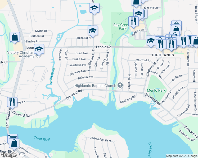 map of restaurants, bars, coffee shops, grocery stores, and more near 2338 Dolphin Avenue in Jacksonville