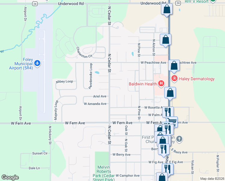 map of restaurants, bars, coffee shops, grocery stores, and more near 428 Cedar Ct in Foley