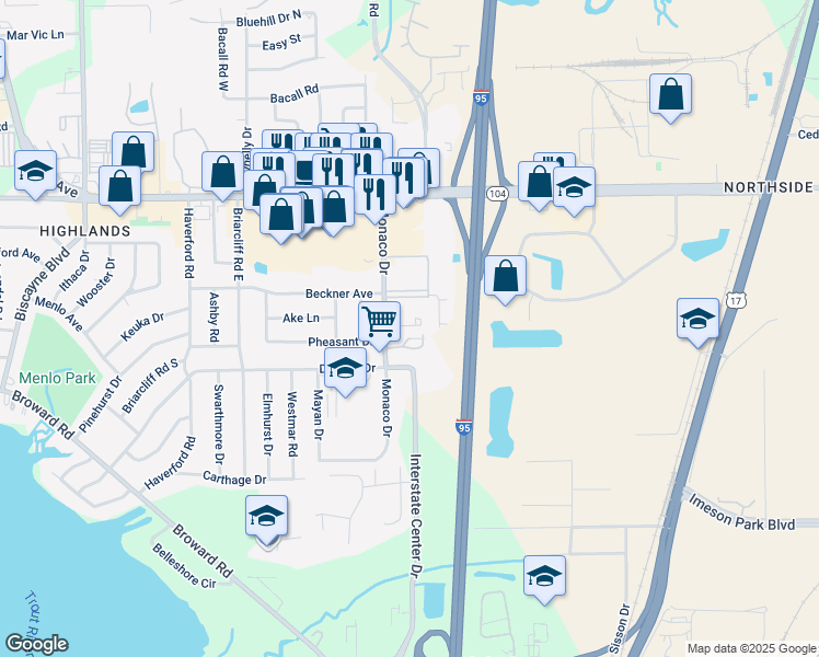 map of restaurants, bars, coffee shops, grocery stores, and more near 10525 Monaco Drive in Jacksonville