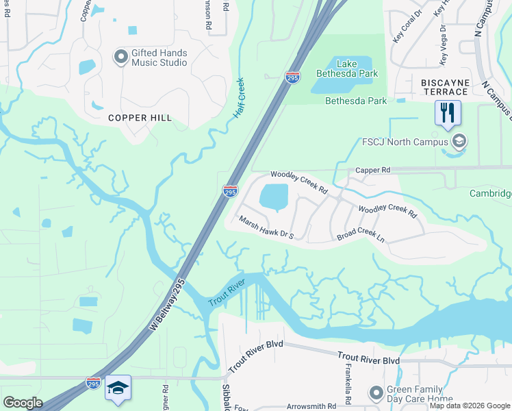 map of restaurants, bars, coffee shops, grocery stores, and more near 10341 Woodley Creek Road in Jacksonville