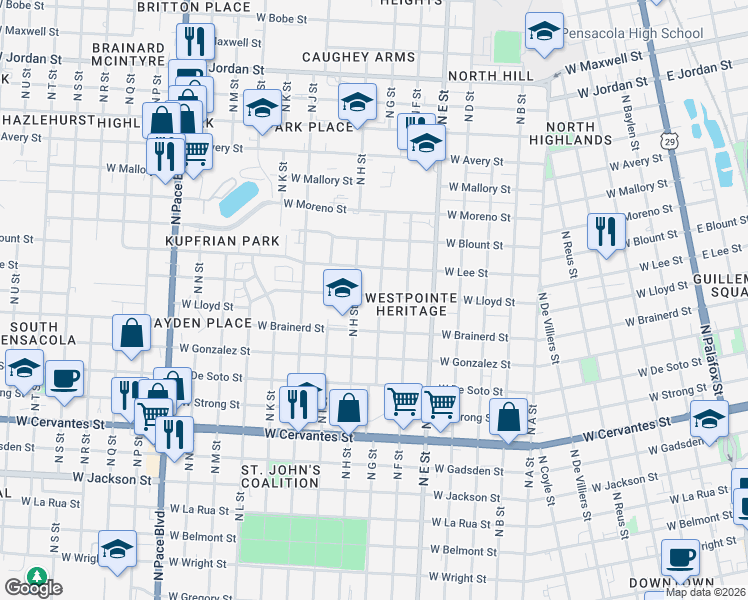 map of restaurants, bars, coffee shops, grocery stores, and more near 1120 West Lloyd Street in Pensacola