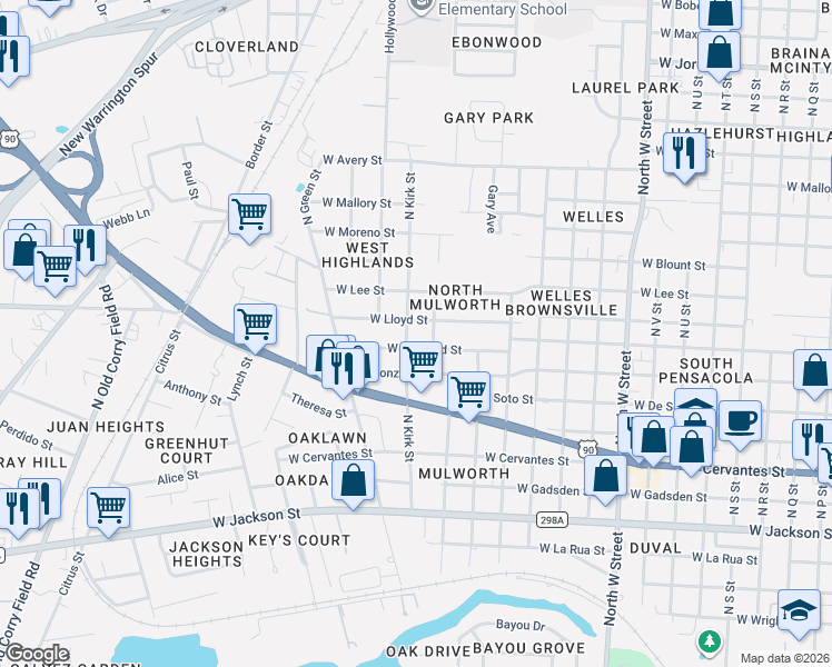 map of restaurants, bars, coffee shops, grocery stores, and more near 3610 West Lloyd Street in Pensacola