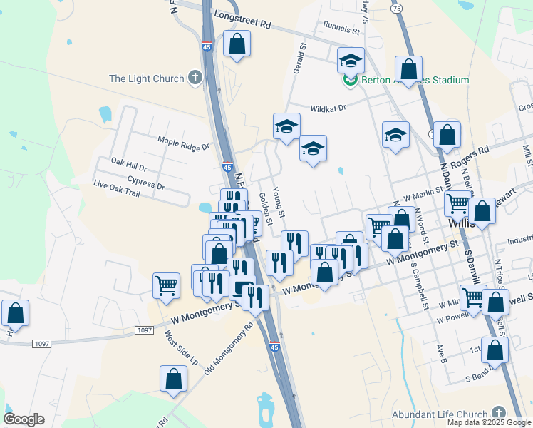 map of restaurants, bars, coffee shops, grocery stores, and more near 500 Golden Street in Willis