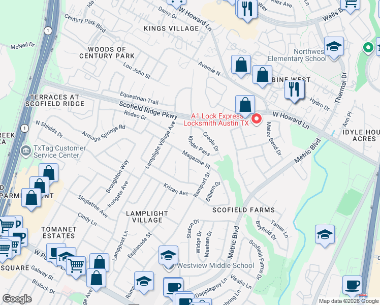 map of restaurants, bars, coffee shops, grocery stores, and more near 13344 Kinder Pass in Austin