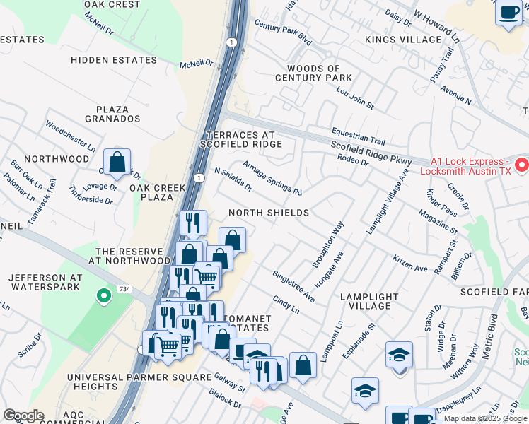 map of restaurants, bars, coffee shops, grocery stores, and more near 2503 North Shields Drive in Austin