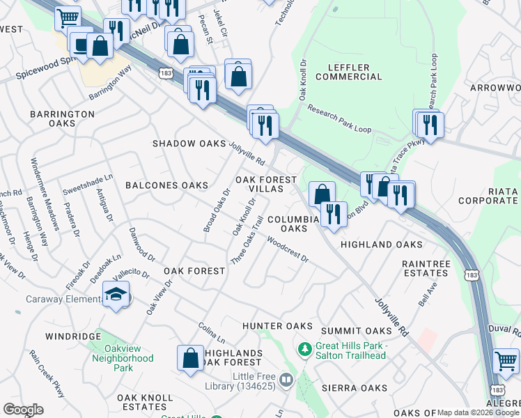 map of restaurants, bars, coffee shops, grocery stores, and more near 11807 Oak Knoll Drive in Austin