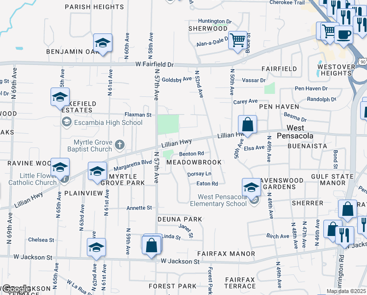 map of restaurants, bars, coffee shops, grocery stores, and more near 103 Adkinson Drive in Pensacola