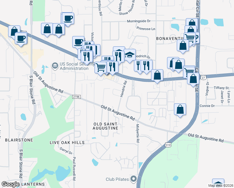 map of restaurants, bars, coffee shops, grocery stores, and more near 1320 Hendrix Road in Tallahassee