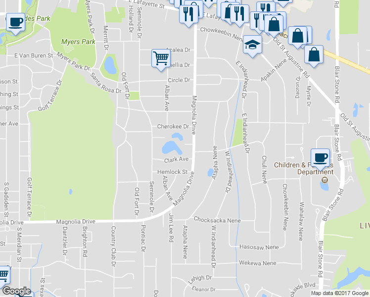 map of restaurants, bars, coffee shops, grocery stores, and more near 1225 J G Lane in Tallahassee