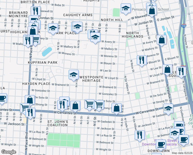 map of restaurants, bars, coffee shops, grocery stores, and more near 825 West Lee Street in Pensacola