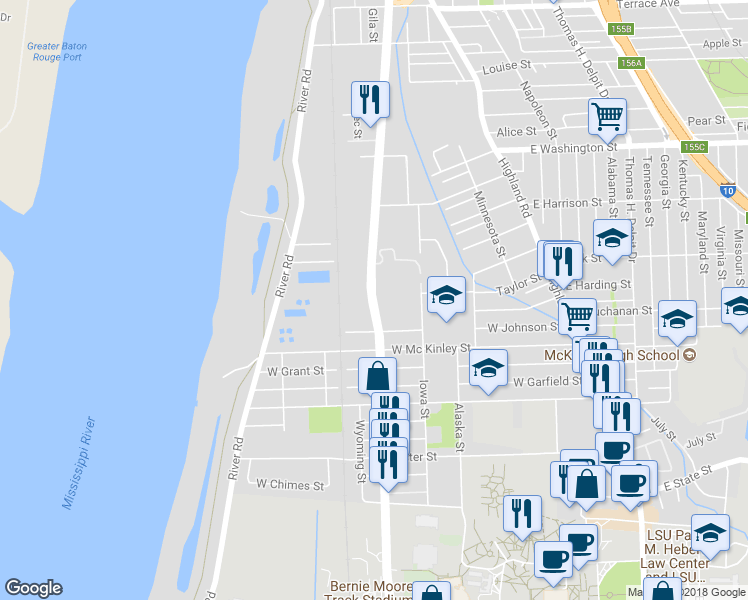 map of restaurants, bars, coffee shops, grocery stores, and more near 2179 Nicholson Drive in Baton Rouge