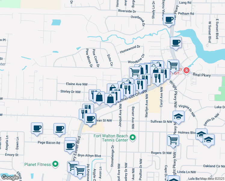map of restaurants, bars, coffee shops, grocery stores, and more near 122 Classic Court in Fort Walton Beach