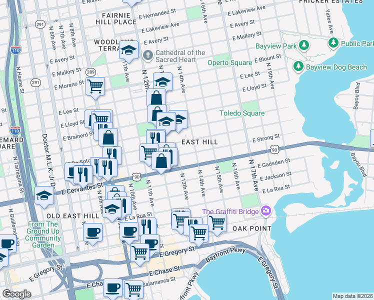 map of restaurants, bars, coffee shops, grocery stores, and more near 1315 East De Soto Street in Pensacola