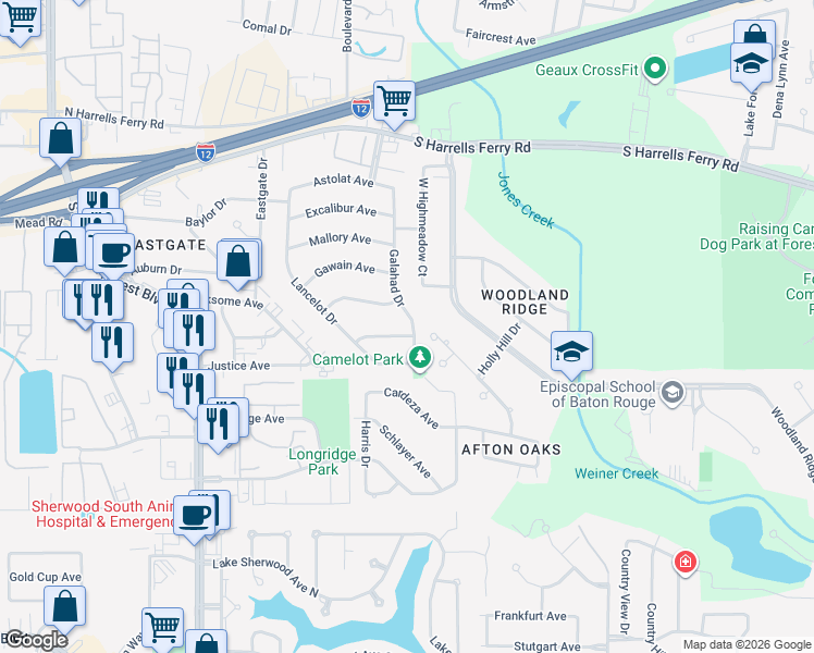 map of restaurants, bars, coffee shops, grocery stores, and more near 12532 Percival Avenue in Baton Rouge