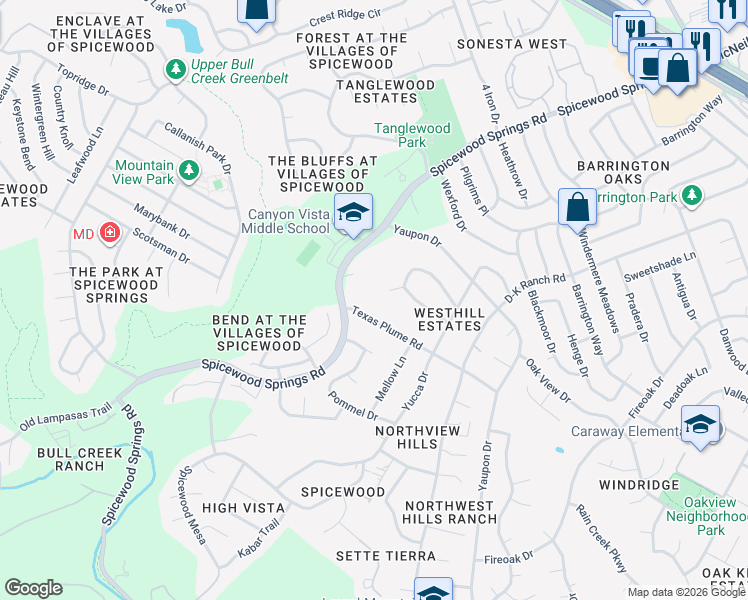 map of restaurants, bars, coffee shops, grocery stores, and more near 8310 Cliffsage Avenue in Austin