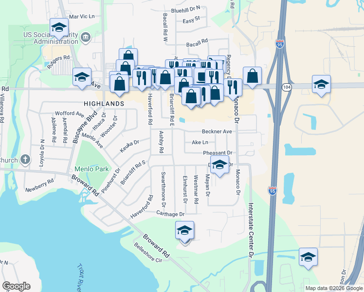 map of restaurants, bars, coffee shops, grocery stores, and more near 10522 Conrad Drive in Jacksonville