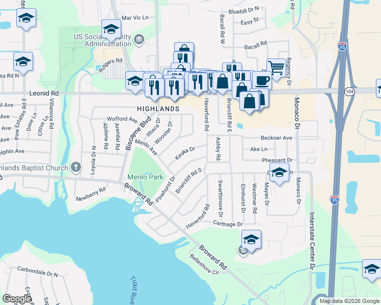 map of restaurants, bars, coffee shops, grocery stores, and more near 10504 Keuka Drive in Jacksonville