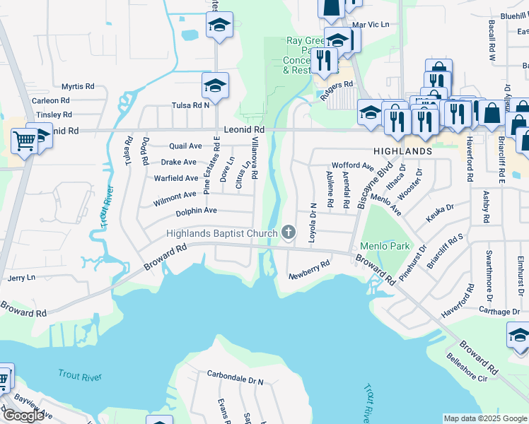 map of restaurants, bars, coffee shops, grocery stores, and more near 10515 Villanova Road in Jacksonville