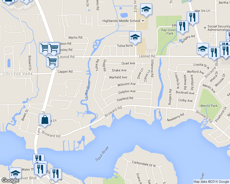 map of restaurants, bars, coffee shops, grocery stores, and more near 2460 Wilmont Avenue in Jacksonville