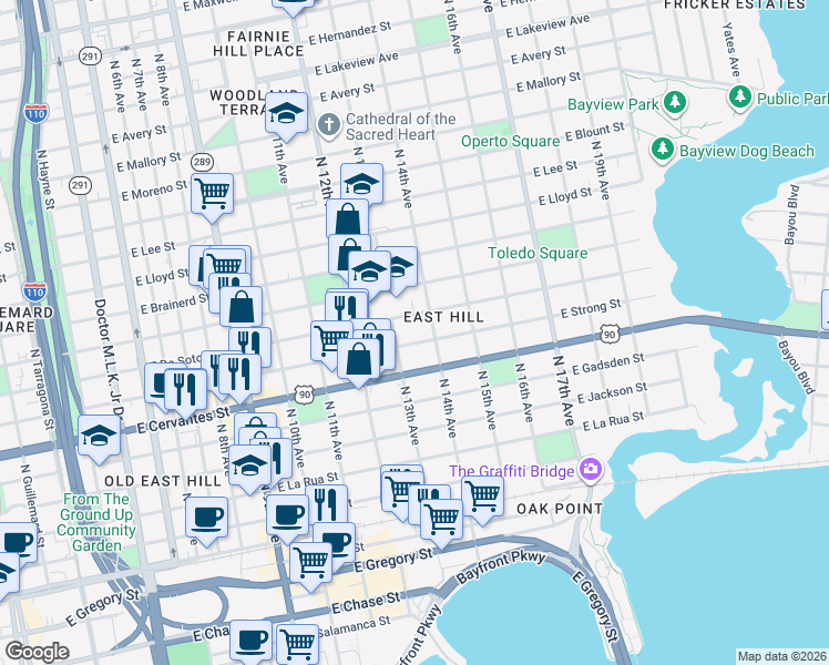 map of restaurants, bars, coffee shops, grocery stores, and more near 1315 East De Soto Street in Pensacola