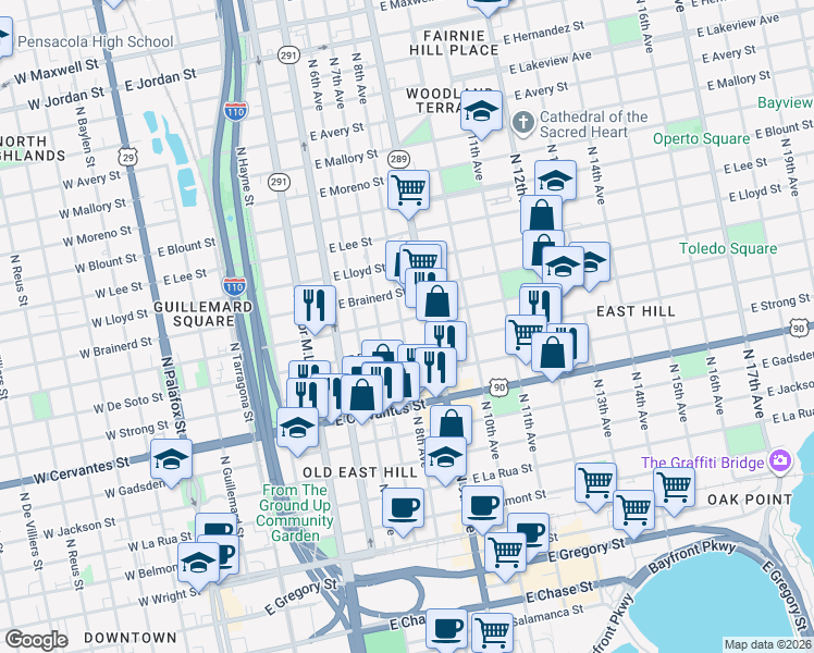 map of restaurants, bars, coffee shops, grocery stores, and more near 800-898 East Gonzalez Street in Pensacola