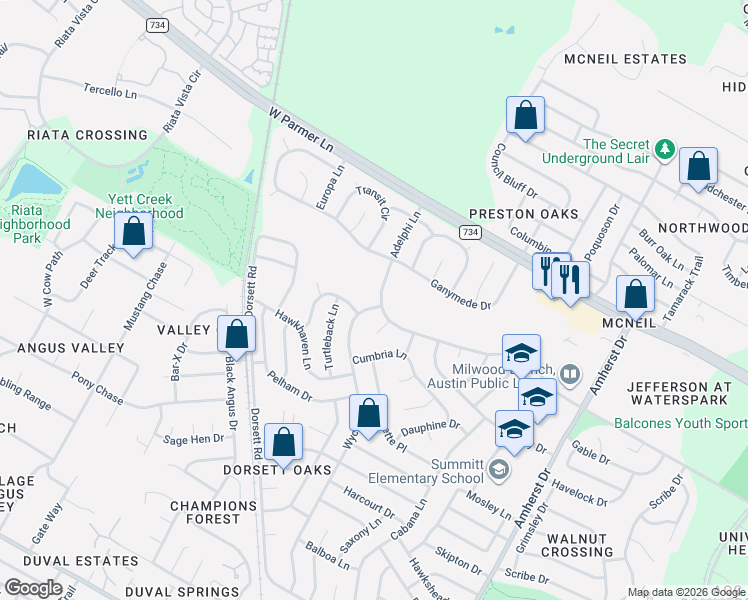 map of restaurants, bars, coffee shops, grocery stores, and more near 4611 Adelphi Ln in Austin