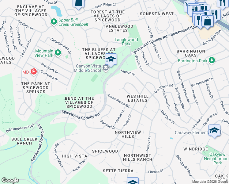 map of restaurants, bars, coffee shops, grocery stores, and more near 8310 Cliffsage Avenue in Austin