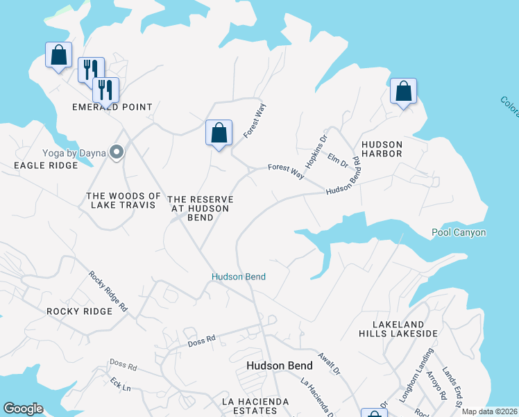 map of restaurants, bars, coffee shops, grocery stores, and more near 5906 Hudson Bend Road in Austin