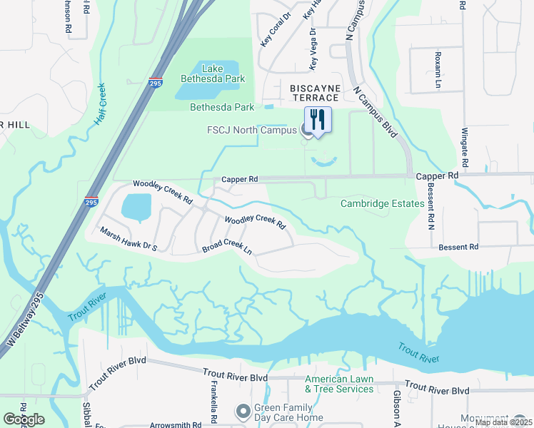 map of restaurants, bars, coffee shops, grocery stores, and more near 4139 Woodley Creek Road in Jacksonville