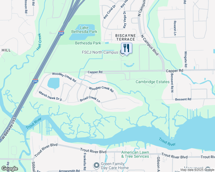 map of restaurants, bars, coffee shops, grocery stores, and more near 4139 Woodley Creek Road in Jacksonville