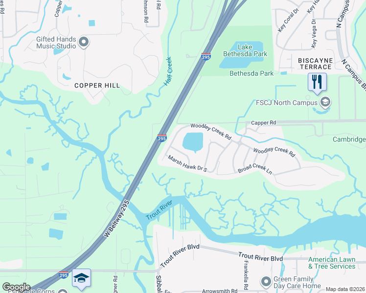 map of restaurants, bars, coffee shops, grocery stores, and more near 10341 Woodley Creek Road in Jacksonville