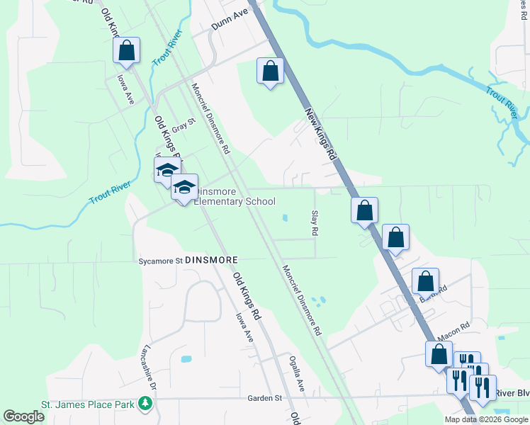 map of restaurants, bars, coffee shops, grocery stores, and more near 10443 Moncrief Dinsmore Road in Jacksonville