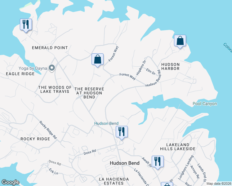 map of restaurants, bars, coffee shops, grocery stores, and more near 5906 Hudson Bend Road in Austin