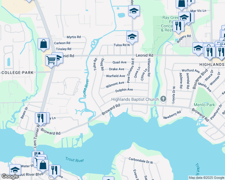 map of restaurants, bars, coffee shops, grocery stores, and more near 2460 Wilmont Avenue in Jacksonville