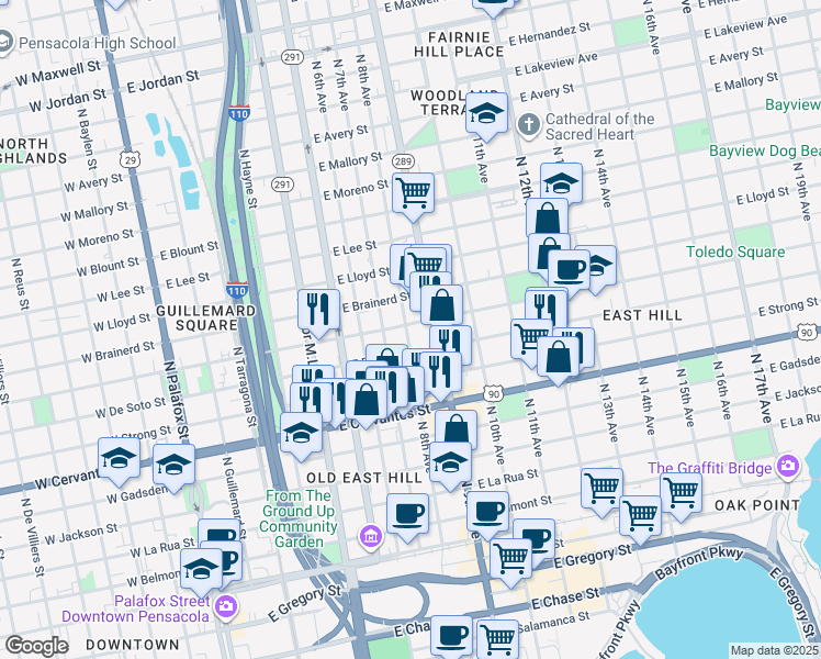 map of restaurants, bars, coffee shops, grocery stores, and more near 800-898 East Gonzalez Street in Pensacola