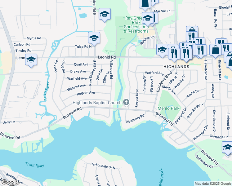 map of restaurants, bars, coffee shops, grocery stores, and more near 10515 Villanova Road in Jacksonville