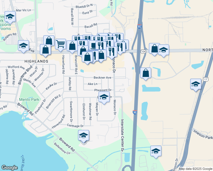 map of restaurants, bars, coffee shops, grocery stores, and more near 10531 Doniphan Drive in Jacksonville