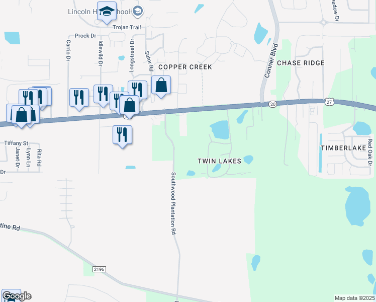 map of restaurants, bars, coffee shops, grocery stores, and more near 1405 Southwood Plantation Road in Tallahassee