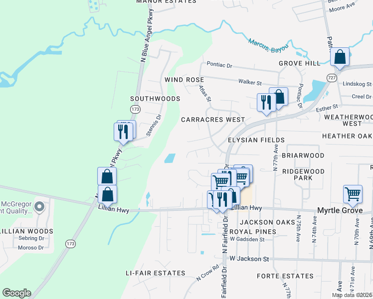 map of restaurants, bars, coffee shops, grocery stores, and more near 8269 El Dorado Drive in Pensacola