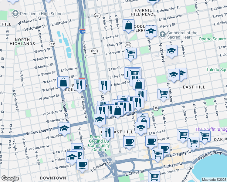 map of restaurants, bars, coffee shops, grocery stores, and more near 1114 North Davis Street in Pensacola
