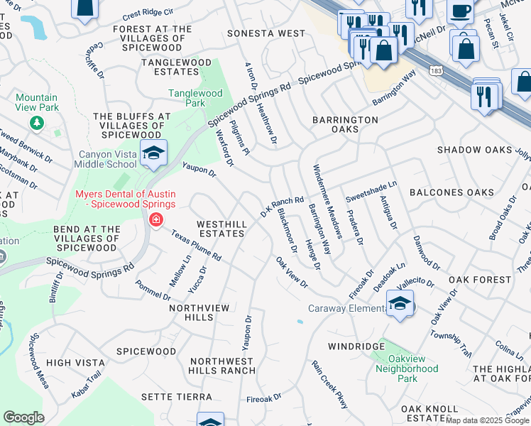 map of restaurants, bars, coffee shops, grocery stores, and more near 11303 D-K Ranch Road in Austin