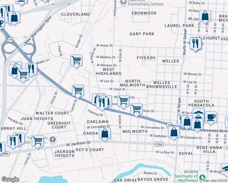 map of restaurants, bars, coffee shops, grocery stores, and more near 3708 West Lloyd Street in Pensacola