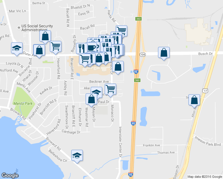 map of restaurants, bars, coffee shops, grocery stores, and more near 10534 Monaco Drive in Jacksonville