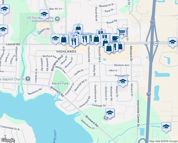 map of restaurants, bars, coffee shops, grocery stores, and more near 10541 Haverford Road in Jacksonville
