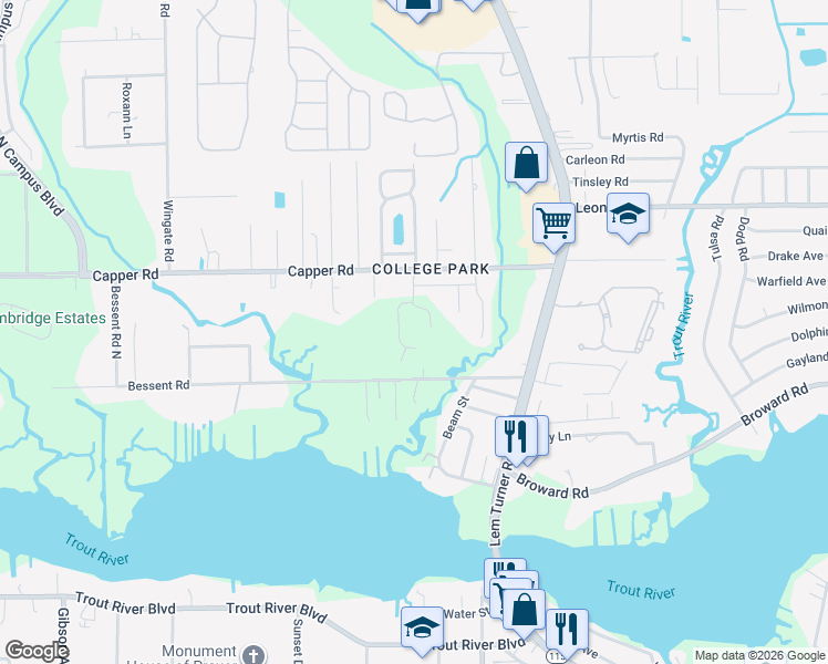 map of restaurants, bars, coffee shops, grocery stores, and more near 10514 Capper Road in Jacksonville
