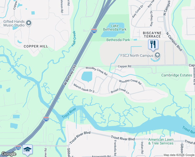 map of restaurants, bars, coffee shops, grocery stores, and more near 4365 Red Tip Road North in Jacksonville