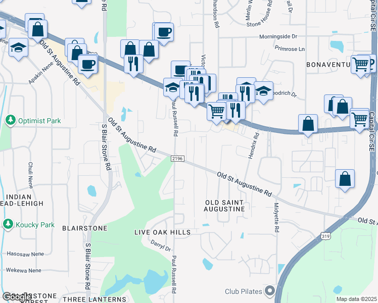 map of restaurants, bars, coffee shops, grocery stores, and more near 1315 Paul Russell Road in Tallahassee