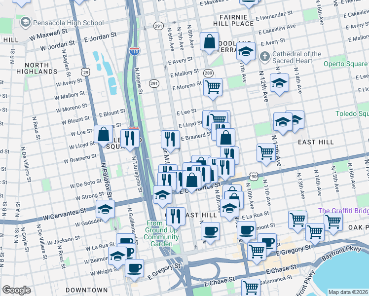 map of restaurants, bars, coffee shops, grocery stores, and more near 1114 North Davis Street in Pensacola
