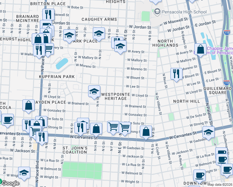 map of restaurants, bars, coffee shops, grocery stores, and more near 1301 North F Street in Pensacola