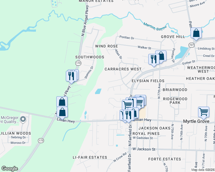 map of restaurants, bars, coffee shops, grocery stores, and more near 8269 El Dorado Drive in Pensacola